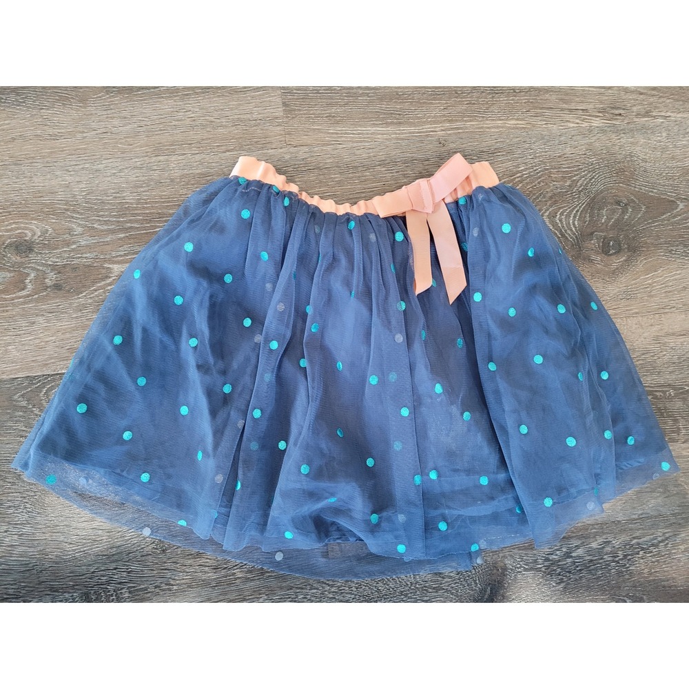 Peek Girls Blue Tulle Polka Dot Skirt Peach Ribbon Waist Size Small #5